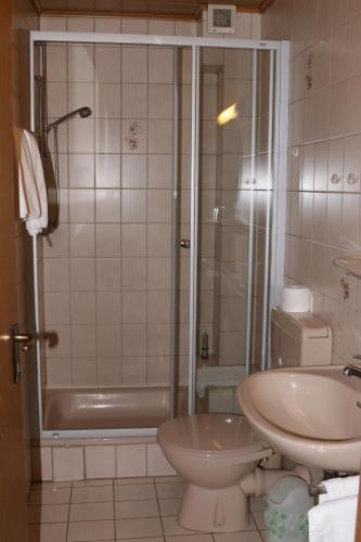 乌尔里希施泰因里斯托兰特艾特纳酒店的带淋浴、卫生间和盥洗盆的浴室