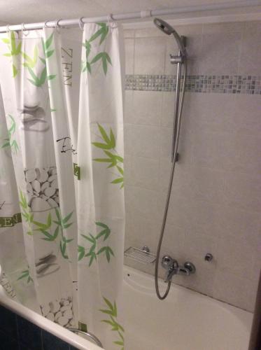 扎金索斯镇Modern Basement Apartment Gio Ii的浴室内绿色植物设计的浴帘