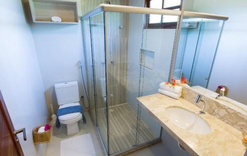 雅帕拉廷加Pousada Porto Manguaba的带淋浴、盥洗盆和卫生间的浴室