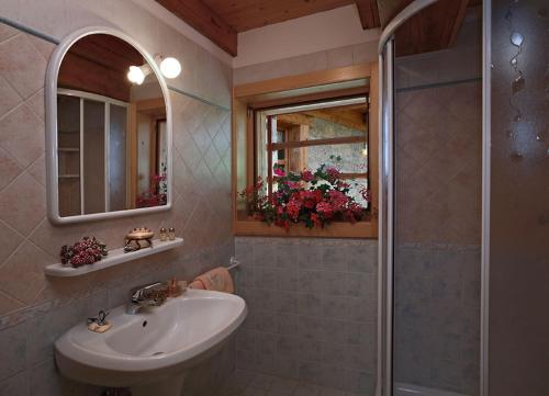 绍里斯Hotel Garni Plueme的一间带水槽、镜子和淋浴的浴室