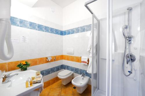 维耶斯泰伊美罗格拉尼酒店的带淋浴、卫生间和盥洗盆的浴室