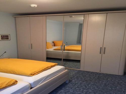 布劳恩拉格卡尔斯鲁酒店的一间卧室配有两张床和镜子