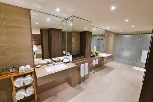 嘉义市嘉义兆品酒店的一间带水槽和大镜子的浴室