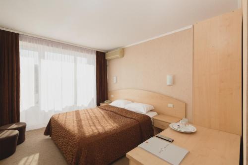 索契Отель Магнолия的配有一张床、一张书桌和一扇窗户的酒店客房