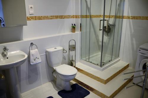 罗萨里奥港Casa Marinero with Private Pool的带淋浴、卫生间和盥洗盆的浴室