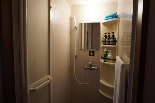 横滨横滨港未来万叶俱乐部酒店的带淋浴和盥洗盆及镜子的浴室