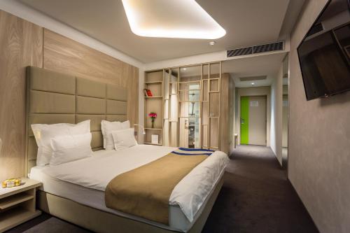 萨拉热窝萨拉热窝缤纷酒店的一间卧室配有一张大床和电视