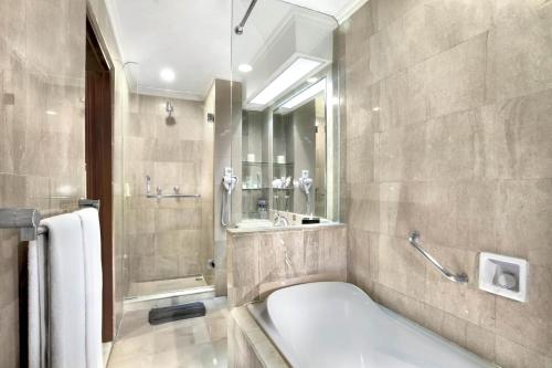 万隆ASTON Tropicana Hotel Bandung的带浴缸、淋浴和盥洗盆的浴室