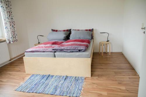 萨加尔德Ferienwohnung 1 Wildgans的铺有木地板的小客房内的一张床位