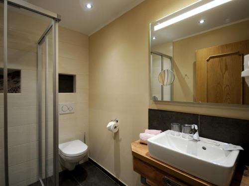 布兰德贝格坦勒旅馆的一间带水槽、卫生间和镜子的浴室
