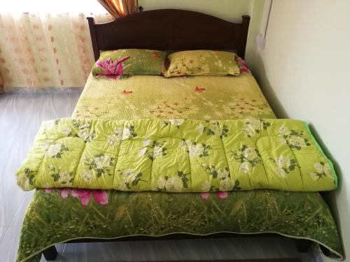 加央哈尔本村木屋的一张带绿色被子和枕头的床