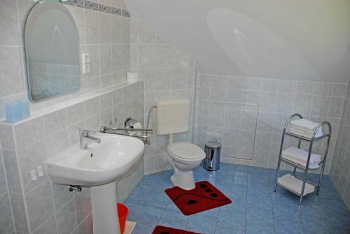 巴贝Ferienwohnung Schwalbennest的一间带水槽、卫生间和镜子的浴室