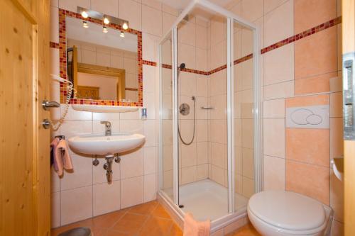 瓦格赖恩Maria's Sonnenquartier的带淋浴、卫生间和盥洗盆的浴室
