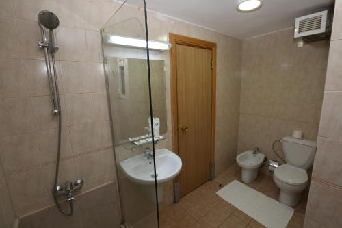 亚喀巴阿尔齐露娜酒店的带淋浴、盥洗盆和卫生间的浴室