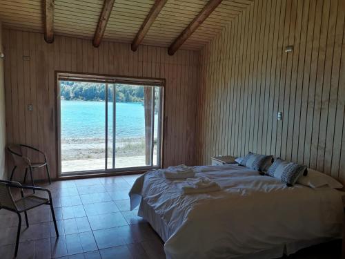 AldanaPatagonia 47g的一间卧室设有一张大床,享有海景