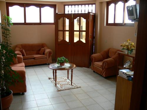查查波亚斯Hostal Vista Hermosa的客厅配有沙发和桌子,上面有植物