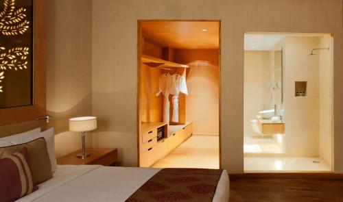 新德里新德里德瓦卡丽笙酒店的一间带一张床的卧室和一间带镜子的浴室