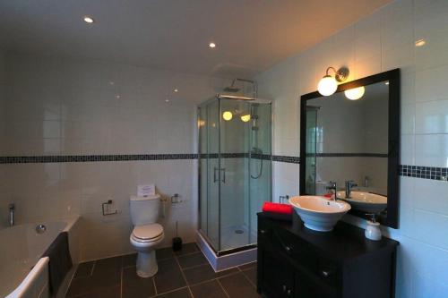MontembœufLa Bucherie的浴室配有卫生间、盥洗盆和淋浴。