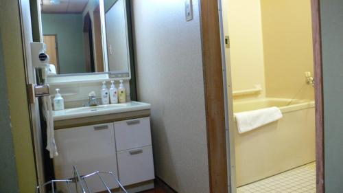 阿智村汤多利里伊那华日式旅馆的浴室配有盥洗盆、镜子和浴缸