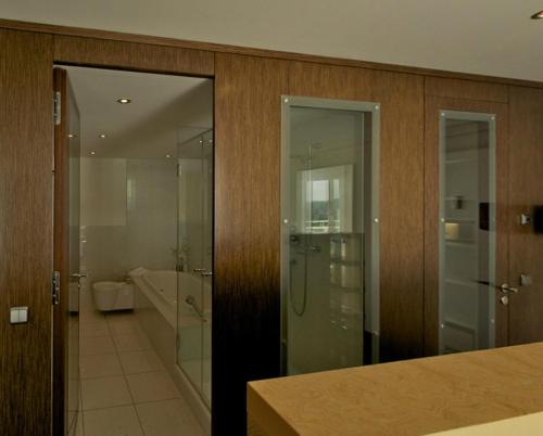 巴特塞格贝格维达利亚海滨酒店的一间带步入式淋浴间和玻璃门的浴室