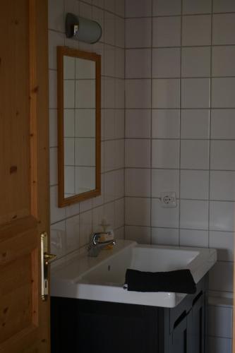 TrebesingAltes Pfarrhaus Altersberg的浴室设有白色水槽和镜子