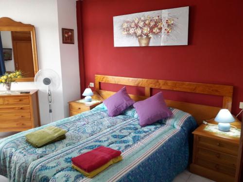 洛斯克里斯蒂亚诺斯Summerland LC Holiday Home的一间卧室配有一张带紫色枕头的床