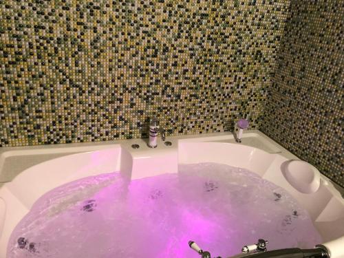 莫斯科海军上将宾馆的浴室内带紫色浴缸和水槽