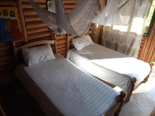 BuhomaBwindi Forest Lodge的带窗户的客房内的两张床