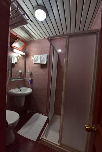 厄吕代尼兹贝尔塞汉海滩酒店的带淋浴、卫生间和盥洗盆的浴室