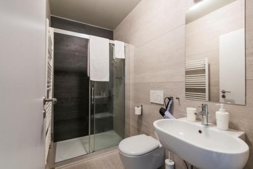 布拉格瑞霍洛瓦公寓的一间带水槽、卫生间和淋浴的浴室
