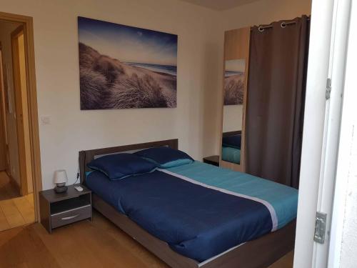 戛纳les orangers的一间卧室配有一张带蓝色床单的床和墙上的绘画。