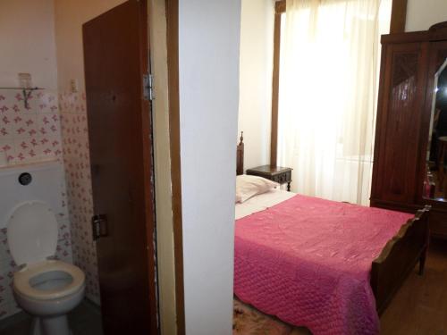 维拉·雷阿尔Rustico & Singelo - Hotelaria e Restauração, Lda的卧室配有粉红色的床和卫生间。