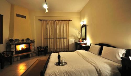 尼奥楚里翁普拉斯蒂湖畔公寓的一间卧室设有一张大床和壁炉