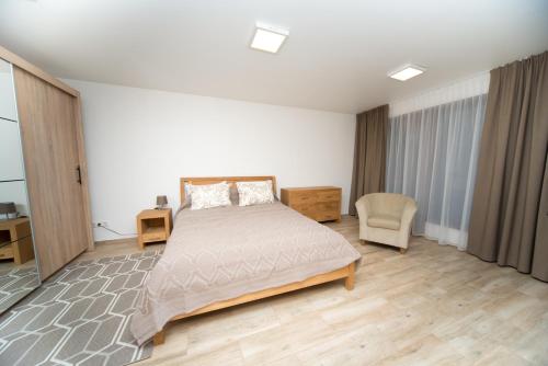 考纳斯Petro delux apartments的一间卧室配有一张大床和一把椅子