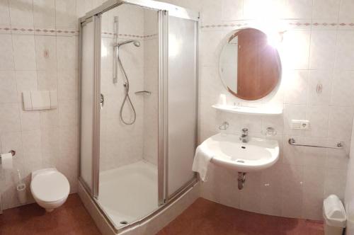 阿皮亚诺苏拉斯特拉达Weißes Rössl的带淋浴、盥洗盆和卫生间的浴室