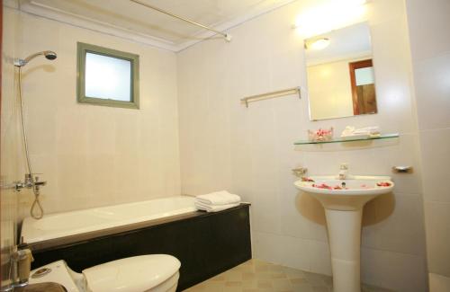 河内城市爱丽酒店的浴室配有卫生间、盥洗盆和浴缸。