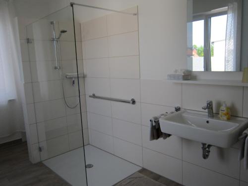 森登霍尔斯特Ferienwohnung de Jong的带淋浴和盥洗盆的浴室