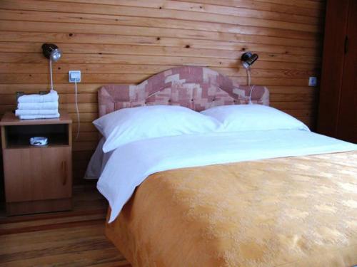 扎布利亚克MB酒店的一间卧室设有一张带木墙的大床