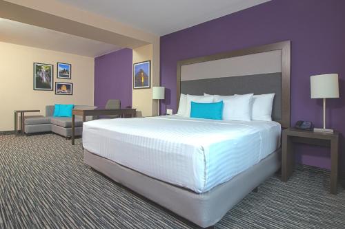 蒙特雷CHN Hotel Monterrey Aeropuerto, Trademark by Wyndham的一间卧室设有一张大床和紫色的墙壁