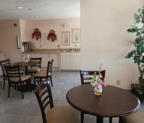 麦克多诺America's Best Value Inn & Suites-McDonough的餐厅设有桌椅,并种有鲜花