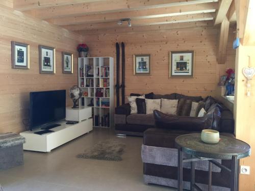 圣让多尔普Chalet Serin的带沙发和电视的客厅