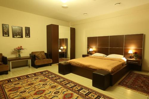 沃罗涅什Hotel Petrovskiy的一间卧室配有一张床、一把椅子和地毯