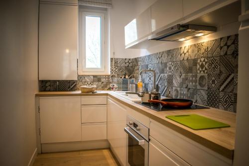 第戎Au jardin des plantes的厨房配有白色橱柜、水槽和窗户。