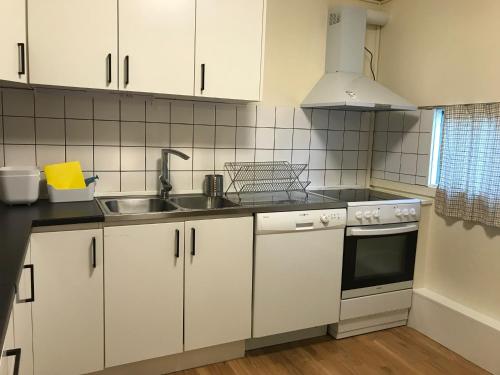 哥本哈根阿尔宏外公寓的厨房配有白色橱柜和水槽