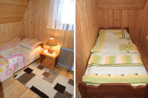 米特洛瓦克Vikendica Beli Bor的卧室两张照片,配有一张床和一盏灯