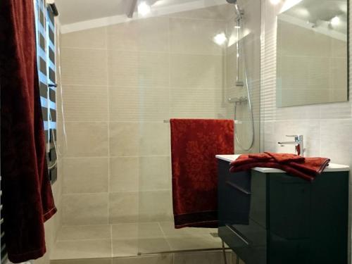 蒙彼利埃克洛斯切斯米歇尔住宿加早餐旅馆的带淋浴和红色毛巾的浴室
