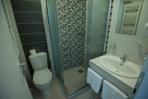 奥赫里德Hotel Village的浴室配有卫生间、盥洗盆和淋浴。