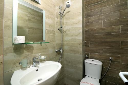 巴尔奇克Family Hotel Jupiter的一间带水槽、卫生间和镜子的浴室