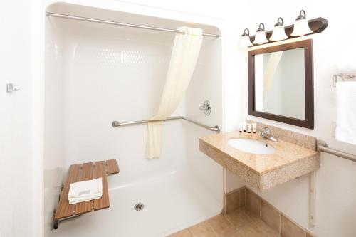 奥罗拉SYLO Hotel Denver Airport, a Ramada by Wyndham的一间带水槽和镜子的浴室