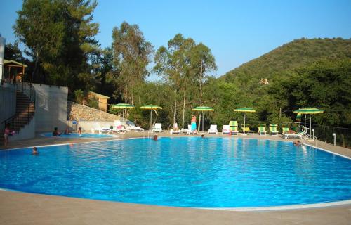 里奥马里纳坎纳俳野营村酒店的一个带椅子和遮阳伞的大型蓝色游泳池